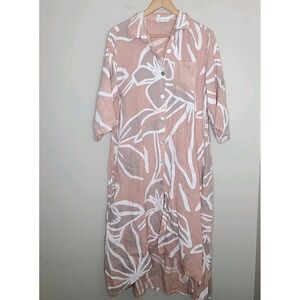 Made In Italy 100% Linen Oversized Button Up Floral Dress Pockets Lagenlook‎